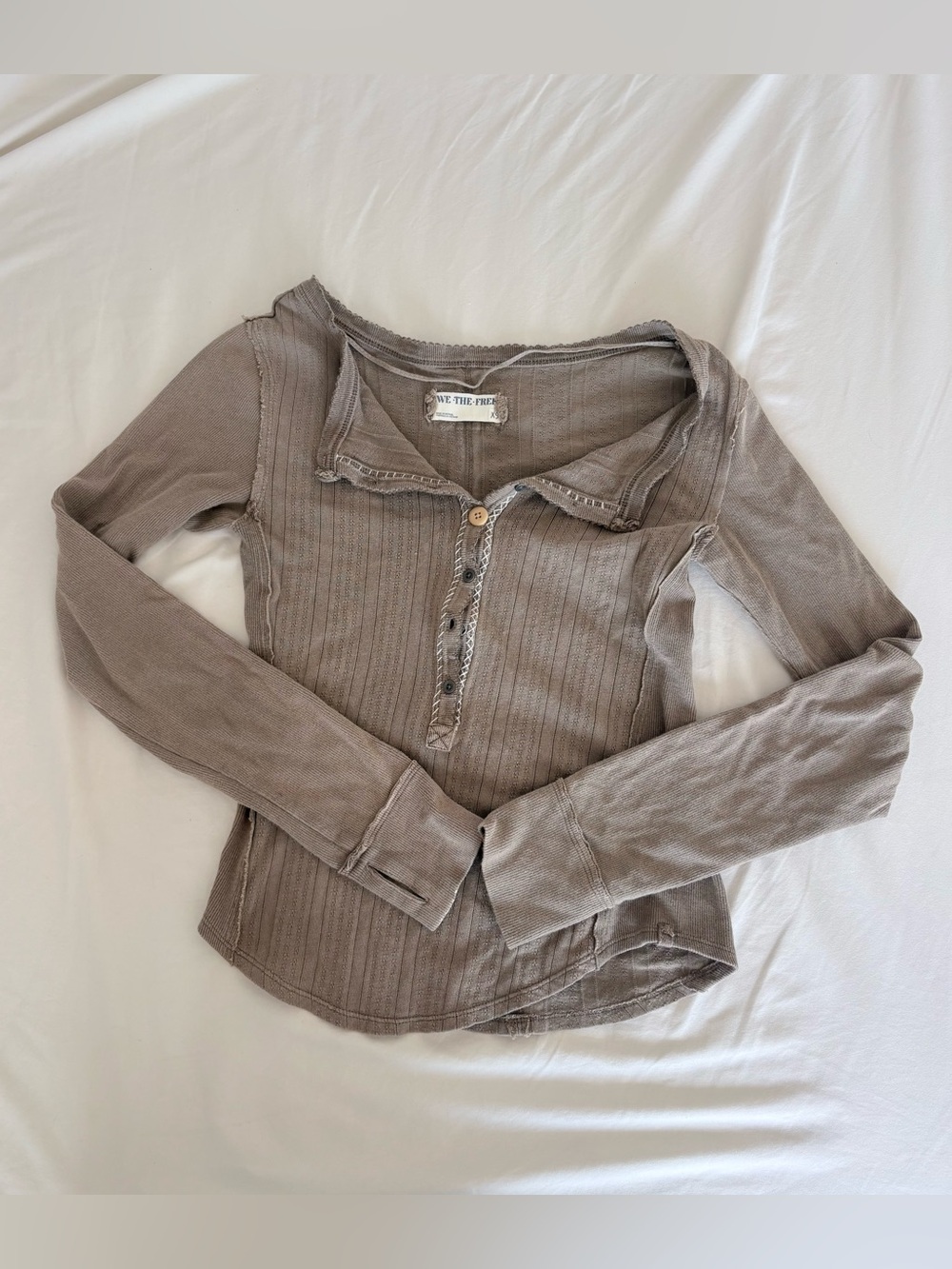 Free People Taupe Ribbed Henley Long Sleeve Top